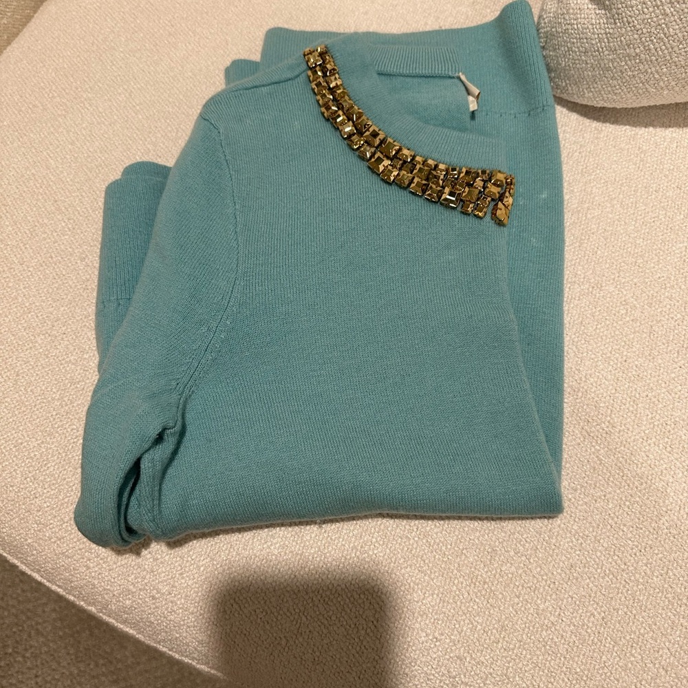 Kate Spade Avaline Embellished Wool Sweater in Aqua with Gold Embellishment